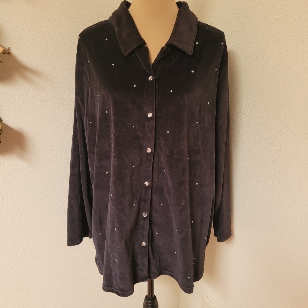NWT Quacker Factory Black Velour Top with Rhinestone Accents